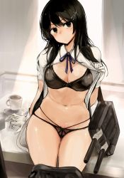 Rule 34 | 1girl, black bra, black hair, black panties, black skirt, blush, bra, breasts, character request, check character, cleavage, closed mouth, clothes pull, coffee, coffee mug, collared shirt, cup, gloves, hair ornament, hairclip, kantai collection, long hair, looking at viewer, medium breasts, mug, nail polish, navel, neck ribbon, nose blush, on table, open clothes, open shirt, oyashio (kancolle), panties, purple nails, purple ribbon, ribbon, shirt, short sleeves, sitting, skirt, skirt pull, solo, stomach, table, thigh gap, tsuzuri (itosousou), turret, underwear, undressing, white gloves, yellow eyes