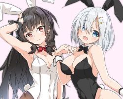 Rule 34 | 2girls, :d, absurdres, alternate costume, animal ears, armpits, black hair, blue eyes, blush, bow, bowtie, breasts, rabbit ears, rabbit tail, commentary request, covered navel, detached collar, fake animal ears, gluteal fold, hair ornament, hair over one eye, hair ribbon, hairclip, halkawa501, hamakaze (kancolle), hand on own chest, hand on own head, highres, isokaze (kancolle), kantai collection, large breasts, long hair, looking at viewer, medium breasts, multiple girls, open mouth, pantyhose, playboy bunny, red eyes, ribbon, short hair, silver hair, simple background, smile, tail, tress ribbon, upper body, white background, wrist cuffs