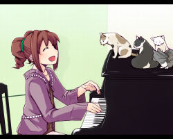Rule 34 | 00s, 1girl, ^ ^, brown hair, cardigan, cat, chika (orange pop), closed eyes, female focus, gradient background, grand piano, idolmaster, idolmaster (classic), instrument, letterboxed, piano, sitting, solo, takatsuki yayoi, twintails, wallpaper