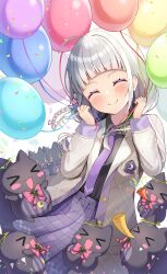 Rule 34 | &gt; &lt;, 1girl, ^ ^, absurdres, ahoge, arched bangs, balloon, black shirt, blush, braid, closed eyes, closed mouth, collared shirt, commentary request, facing viewer, grey hair, grey jacket, hands up, highres, hololive, jacket, long hair, murasaki shion, necktie, open mouth, purple necktie, purple skirt, rappi, shiokko (murasaki shion), shirt, shirt tucked in, side braid, skirt, smile, solo, upper body, virtual youtuber
