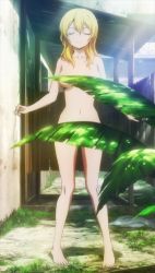Rule 34 | 1girl, bare shoulders, barefoot, blonde hair, breasts, btooom!, building, censored, closed eyes, collarbone, convenient censoring, expressionless, feet, female focus, fence, fingernails, foreshortening, full body, grass, hair between eyes, himiko (btooom!), hip focus, leaf, leaf censor, legs, light rays, long hair, navel, nude, outdoors, outstretched arms, plant, screencap, shadow, standing, stitched, sunbeam, sunlight, third-party edit, toes, towel, wall