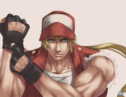 Rule 34 | 1boy, bad id, bad pixiv id, bare shoulders, baseball cap, blonde hair, blue eyes, fatal fury, fingerless gloves, gloves, hat, killingrock, male focus, manly, muscular, ponytail, solo, terry bogard, the king of fighters, vest