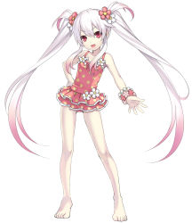 Rule 34 | 1girl, :d, albino, alternate costume, barefoot, bracelet, casual one-piece swimsuit, child, cross edge, eruma, feet, flat chest, flower, frilled swimsuit, frills, full body, gradient hair, hair flower, hair ornament, hand on own hip, highres, hip focus, jewelry, legs, long hair, multicolored hair, official art, one-piece swimsuit, open mouth, pale skin, pink eyes, pink hair, pink one-piece swimsuit, polka dot, polka dot swimsuit, simple background, smile, solo, standing, swimsuit, tsunako, twintails, very long hair, white hair