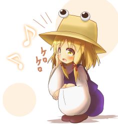Rule 34 | 1girl, :d, beige hat, blonde hair, blush, brown footwear, brown hat, full body, hair ribbon, hand on own cheek, hand on own face, hat, highres, idaten93, long sleeves, looking at viewer, moriya suwako, musical note, open mouth, purple skirt, purple vest, quaver, red ribbon, ribbon, shirt, shoes, sidelocks, skirt, smile, solo, squatting, touhou, translated, vest, white shirt, wide sleeves, yellow eyes