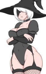 Rule 34 | 1girl, artist request, black leotard, blindfold, breasts, cameltoe, cleavage, collarbone, covered erect nipples, covered navel, crossed arms, curvy, fingernails, hat, highleg, highleg leotard, highres, large breasts, leotard, lips, nier (series), nier:automata, short hair, simple background, solo, thick thighs, thighhighs, thighs, thong leotard, white background, white hair, wide hips, witch hat, 2b (nier:automata)