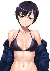 Rule 34 | 1girl, bare shoulders, bikini, black bikini, black hair, blue coat, blue eyes, breasts, closed mouth, coat, collarbone, expressionless, hashi, head tilt, long hair, looking at viewer, medium breasts, navel, off shoulder, open clothes, open coat, original, short hair, simple background, solo, stomach, swimsuit, toned, unbuttoned, upper body, white background