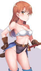 Rule 34 | 1girl, bare shoulders, belt, black leotard, blue thighhighs, breasts, brown belt, brown eyes, brown gloves, brown hair, cleavage, closed mouth, collarbone, daisy (dq), dragon quest, dragon quest yuusha abel densetsu, gloves, grey background, groin, hair behind ear, hand on hilt, hand on own hip, highres, konnyaku (kk-monmon), leotard, long hair, looking at viewer, medium breasts, navel, sheath, sheathed, solo, standing, strapless, sword, thighhighs, tube top, two-tone background, weapon, white background