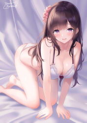 Rule 34 | 1girl, all fours, bare arms, bare legs, blush, bra, breasts, brown hair, cleavage, collarbone, commentary request, flower, hair flower, hair ornament, himura moritaka, long hair, looking at viewer, medium breasts, open mouth, original, panties, pink flower, purple eyes, sidelocks, signature, smile, solo, underwear, underwear only, white bra, white panties