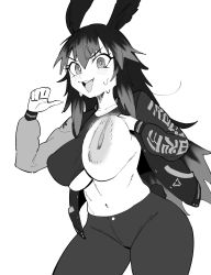 Rule 34 | animal ears, breasts, breasts out, buttons, clothes lift, final fantasy, final fantasy xiv, gs16 (chug), highres, jacket, japanese text, jourjii, large areolae, large breasts, lifted by self, logo, long sleeves, messy hair, midriff, monochrome, motion blur, motion lines, multicolored hair, nervous, nipples, original, pants, pocket, pockets, pointing, pointing at self, rabbit ears, rabbit tail, shirt, shirt lift, sweat, teeth, thumbs up, two-tone hair, underboob, white background