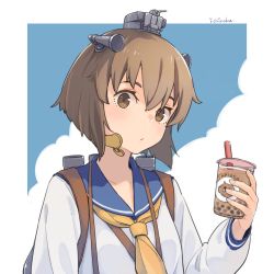 Rule 34 | 1girl, blush, brown eyes, brown hair, bubble tea, closed mouth, commentary request, cup, dress, drink, headgear, holding, holding cup, ichiroku (sakumogu-029), kantai collection, long sleeves, neckerchief, rigging, sailor collar, sailor dress, short hair, signature, solo, speaking tube headset, upper body, yellow neckerchief, yukikaze (kancolle)