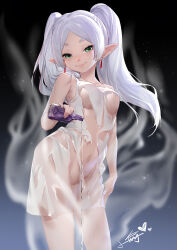 Rule 34 | 1girl, absurdres, bottle, breasts, closed mouth, dress, earrings, elf, frieren, green eyes, grey hair, highres, holding, holding bottle, jewelry, medium breasts, nightgown, pointy ears, see-through, see-through dress, smile, solo, sousou no frieren, spilling, twintails, wet, white nightgown, xiaoyu