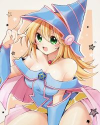 Rule 34 | 1girl, :d, artist request, bare shoulders, blonde hair, breasts, cleavage, dark magician girl, green eyes, hat, highres, konami, long hair, open mouth, smile, solo, star (symbol), wizard hat, yu-gi-oh!, yu-gi-oh! duel monsters
