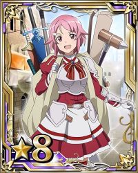 Rule 34 | 10s, 1girl, armor, bag, breastplate, card (medium), day, gloves, hair ornament, hairclip, lisbeth (sao), looking at viewer, open mouth, outdoors, pink eyes, pink hair, red skirt, short hair, skirt, solo, star (symbol), sword, sword art online, weapon, white gloves