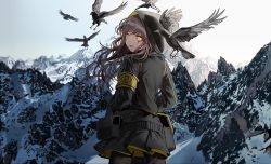 Rule 34 | 1girl, :d, bird, black pantyhose, black skirt, blush, brown hair, commentary, cowboy shot, crow, day, floating hair, from behind, girls&#039; frontline, grey hair, hair between eyes, hair ornament, hands in pockets, hood, hood up, hooded jacket, jacket, logo, long hair, long sleeves, looking at viewer, looking back, mountain, one side up, open mouth, outdoors, pantyhose, pouch, scar, scar across eye, scar on face, shirt, sidelocks, silence girl, skirt, smile, snow, ump45 (girls&#039; frontline), white shirt, wind, yellow eyes