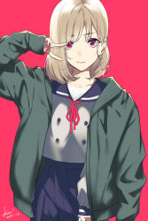 Rule 34 | 1girl, blonde hair, blue skirt, commentary request, dated, green jacket, hair behind ear, highres, jacket, koyubi right, lace, lips, long sleeves, looking at viewer, medium hair, nail polish, open clothes, open jacket, original, oversized clothes, pink background, pink eyes, pink nails, school uniform, signature, simple background, skirt, solo, v, v over eye