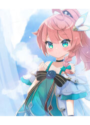 Rule 34 | 1girl, aged down, bare shoulders, blue bow, blue dress, blue eyes, blush, bow, braid, choker, dragalia lost, dress, hair bow, hair ornament, highres, looking at viewer, louise (dragalia lost), official alternate costume, osakilo, pink hair, ponytail, smile, solo, upper body
