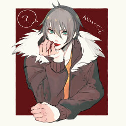 Rule 34 | 1boy, ?, akira (togainu no chi), blood, blood from mouth, blood on hands, border, character name, fur-trimmed hood, fur trim, green eyes, grey hair, hair between eyes, highres, hood, jacket, looking at viewer, male focus, open clothes, open jacket, open mouth, orange shirt, red background, shirt, short hair, solo, spoken question mark, togainu no chi, tomikko, upper body, white border