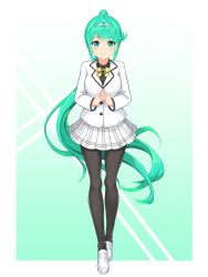 Rule 34 | 1girl, black shirt, blazer, blush, bow, bowtie, breasts, contemporary, female focus, full body, green eyes, green hair, hair ornament, highres, jacket, large breasts, long hair, looking at viewer, matching hair/eyes, nintendo, own hands together, pantyhose, plaid, plaid skirt, pneuma (xenoblade), ponytail, school uniform, shirt, skirt, smile, solo, spoilers, swept bangs, very long hair, white background, white footwear, white jacket, white skirt, xenoblade chronicles (series), xenoblade chronicles 2, yellow bow, yellow bowtie, yukiha kanade