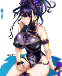 Rule 34 | 1girl, aona (anagasaki), armlet, bare shoulders, black gloves, black one-piece swimsuit, breasts, covered navel, fate/grand order, fate (series), fingerless gloves, flower, gloves, gold trim, hair flower, hair ornament, hair up, half gloves, highleg, highleg swimsuit, highres, large breasts, long hair, looking at viewer, murasaki shikibu (fate), murasaki shikibu (swimsuit rider) (fate), murasaki shikibu (swimsuit rider) (first ascension) (fate), one-piece swimsuit, purple eyes, purple hair, solo, swimsuit, thighs