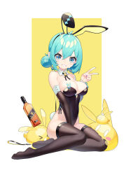 Rule 34 | &gt; &lt;, 1girl, :d, absurdres, aiee, animal ears, aqua hair, bare shoulders, black hairband, black leotard, black thighhighs, blue eyes, bottle, breasts, cleavage, covered navel, detached collar, detached sleeves, fake animal ears, fake tail, full body, grin, hair bun, hairband, highres, large breasts, leotard, long sleeves, looking at viewer, nail polish, open mouth, original, playboy bunny, purple nails, rabbit ears, rabbit tail, short hair, single hair bun, sitting, slime (creature), smile, solo, strapless, strapless leotard, tail, thighhighs, two-tone background, v, white background, yellow background, yokozuwari