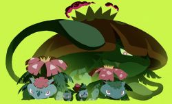 Rule 34 | bulbasaur, claws, creatures (company), evolutionary line, fangs, flower, game freak, gen 1 pokemon, gigantamax, gigantamax venusaur, green background, highres, ivysaur, kasai (pixiv24704749), mega pokemon, mega venusaur, nintendo, plant, pokemon, pokemon (creature), red eyes, simple background, venusaur, vines