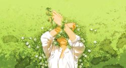 Rule 34 | 1boy, commentary request, covered eyes, covered face, day, flower, from above, grass, green theme, highres, lying, male focus, on back, open mouth, original, outdoors, plant, rido (ridograph), shadow, shirt, solo, teeth, upper body, upper teeth only, white flower, white shirt