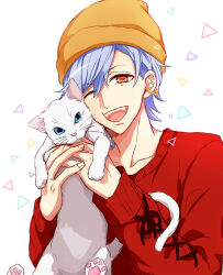 Rule 34 | 1boy, ;d, a3!, animal, beanie, blue hair, brown hat, cat, collarbone, commentary request, cross-laced clothes, cross-laced sleeves, earrings, fangs, hair between eyes, hands up, hat, holding, holding animal, holding cat, ikaruga misumi, jewelry, long sleeves, looking at viewer, male focus, mole, mole under eye, one eye closed, open mouth, parted bangs, pawpads, red eyes, red sweater, short hair, simple background, smile, solo, sweater, tayu (canary-san), teeth, triangle, triangle earrings, upper body, upper teeth only, white background, white cat