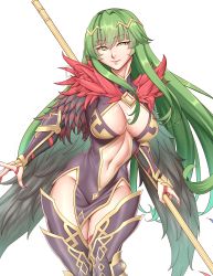 Rule 34 | 1girl, absurdres, alternate costume, boots, breasts, center opening, cleavage, cleavage cutout, cleru (cleruuuuu), clothing cutout, commentary, cowboy shot, crown, english commentary, feather trim, fire emblem, fire emblem echoes: shadows of valentia, green eyes, green hair, groin, highres, holding, holding polearm, holding weapon, large breasts, long hair, looking at viewer, nail polish, navel, nintendo, palla (fire emblem), polearm, red thighhighs, revealing clothes, simple background, smile, solo, thigh boots, thighhighs, toned, very long hair, weapon, white background