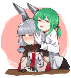 Rule 34 | 2girls, blush, breasts, buttons, closed eyes, closed mouth, collarbone, dongsa wonhyong, dress, eyebrows, female admiral (kancolle), frown, gloves, green hair, grey hair, hair between eyes, hair bobbles, hair ornament, hair ribbon, hand in another&#039;s hair, hand on another&#039;s head, headgear, kantai collection, long hair, long sleeves, multicolored clothes, multicolored gloves, multiple girls, murakumo (kancolle), nose blush, orange eyes, red ribbon, remodel (kantai collection), ribbon, short hair, small breasts, smile, strapless, strapless dress, sweatdrop, tress ribbon, white dress, white gloves
