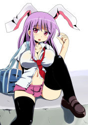 Rule 34 | 1girl, animal ears, bag, black thighhighs, blush, breast press, breasts, cleavage, collarbone, comord, dress shirt, extra ears, fang, female focus, twirling hair, hip focus, large breasts, leg up, legs, light purple hair, loafers, long hair, looking at viewer, miniskirt, navel, necktie, open clothes, open mouth, open shirt, pink eyes, pleated skirt, purple hair, rabbit ears, red eyes, red necktie, reisen udongein inaba, school uniform, shirt, shoes, shoulder bag, sitting, skirt, solo, sweatdrop, thighhighs, thighs, touhou, unbuttoned, wide hips