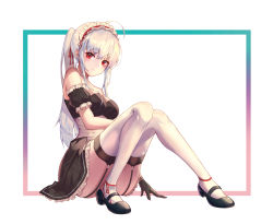 Rule 34 | 1girl, absurdres, ahoge, ankle ribbon, arm garter, bare shoulders, blush, breasts, dal song, dress, frilled dress, frills, full body, garter straps, gloves, hair ribbon, highres, knees together feet apart, knees up, leg ribbon, long hair, looking at viewer, maid, maid headdress, mary janes, medium breasts, original, ponytail, red eyes, ribbon, shoes, sidelocks, simple background, sitting, sleeveless, sleeveless dress, smile, solo, thighhighs, white hair