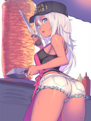 Rule 34 | 1girl, apron, ass, back, bare shoulders, baseball cap, black hat, blue eyes, bottle, breasts, clothes writing, cooking, cowboy shot, cutoffs, dark-skinned female, dark skin, denim, denim shorts, enkyo yuuichirou, food, food stand, from behind, grill, hair between eyes, hat, headwear writing, highres, hisho collection, holding, kebab, ketchup, knife, lipstick, long hair, looking at viewer, looking back, makeup, meat, medium breasts, mustard, open mouth, original, pink lips, pocket, rotisserie, short shorts, shorts, sideboob, solo, standing, sweat, tank top, thighs, tongue, tongue out, vertical rotisserie, white background, white hair, white shorts