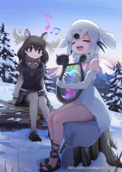Rule 34 | 2girls, animal ears, antlers, bare shoulders, bikini, bikini bottom only, black hair, brown eyes, brown footwear, brown hair, brown neckwear, brown skirt, brown sweater, closed eyes, commentary request, elbow gloves, forest, fur collar, gladiator sandals, gloves, grey legwear, grey sweater, harp, harp seal (kemono friends), horns, instrument, kemono friends, kemono friends 3, loafers, long hair, long sleeves, moose (kemono friends), moose ears, moose girl, multicolored clothes, multicolored hair, multicolored sweater, multiple girls, music, musical note, nature, official art, open mouth, pantyhose, pine tree, playing instrument, pleated skirt, saltlaver, sandals, scarf, seal tail, shoes, short hair, singing, sitting, skirt, sleeveless, snow, sweater, swimsuit, tree, two-tone hair, white bikini, white fur, white gloves, white hair