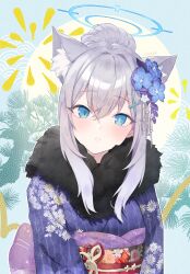 Rule 34 | 1girl, animal ear fluff, animal ears, bad id, bad pixiv id, blue archive, blue eyes, blush, closed mouth, commentary, cross hair ornament, english commentary, extra ears, floral print, flower, fur collar, goyain, grey hair, hair between eyes, hair bun, hair flower, hair ornament, halo, haruna (blue archive), haruna (new year) (blue archive), highres, japanese clothes, kimono, looking at viewer, mismatched pupils, obi, print kimono, sash, shiroko (blue archive), sidelocks, solo, upper body