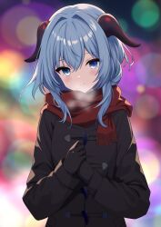 Rule 34 | 1girl, black coat, black gloves, blue eyes, blue hair, blush, coat, ganyu (genshin impact), genshin impact, gloves, highres, horns, light smile, long hair, long sleeves, looking at viewer, own hands together, red scarf, scarf, sidelocks, solo, ton ton tontoro, upper body, winter clothes
