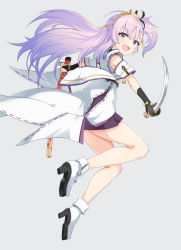 Rule 34 | 1girl, alternate costume, bare legs, blue eyes, boots, commentary request, detached sleeves, fang, grey background, high heel boots, high heels, highres, katana, charm (object), long hair, miniskirt, nontraditional miko, one side up, pera, pink hair, purple hair, sheath, short sleeves, side ponytail, skirt, solo, sword, tiara, toji no miko, tsubakuro yume, weapon