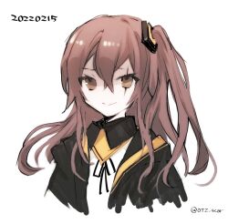 Rule 34 | 1girl, brown eyes, brown hair, commentary request, cropped torso, dated, fuco, girls&#039; frontline, hair between eyes, hair ornament, jacket, long hair, looking at viewer, one side up, pantyhose, scar, scar across eye, scar on face, shirt, simple background, smile, solo, twitter username, ump45 (girls&#039; frontline), white background, white shirt