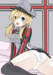 Rule 34 | 10s, 1girl, :d, anchor hair ornament, arm support, ass, black ribbon, black skirt, black thighhighs, blonde hair, blue eyes, cameltoe, cross, cross print, gloves, hair ornament, hat, highres, iron cross, kantai collection, long sleeves, looking at viewer, low twintails, lying, microskirt, military, military uniform, on stomach, open mouth, over-kneehighs, panties, peaked cap, pleated skirt, prinz eugen (kancolle), ribbon, siroyuki, skirt, smile, solo, thighhighs, trefoil, twintails, underbust, underwear, uniform, upskirt, white gloves, white panties