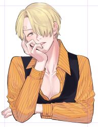 Rule 34 | 1boy, arm up, black vest, blonde hair, collared shirt, commentary request, curly eyebrows, facial hair, grey eyes, hair over one eye, hand on own face, lips, long sleeves, looking at viewer, one piece, orange shirt, pectorals, sanji (one piece), shirt, short hair, simple background, striped clothes, striped shirt, stubble, upper body, urano, vest, white background