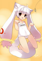 Rule 34 | 10s, 1girl, ahoge, animal ears, bad id, bad pixiv id, barefoot, drooling, gem, grief seed, highres, kyubey, mahou shoujo madoka magica, mahou shoujo madoka magica (anime), one-piece swimsuit, paw pose, personification, red eyes, saliva, school swimsuit, short hair, solo, swimsuit, tail, white hair, white one-piece swimsuit, white school swimsuit, yadamon (neverland)