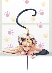 Rule 34 | 1girl, animal ear fluff, animal ears, animal hands, asymmetrical clothes, asymmetrical sleeves, bikini, black thighhighs, blonde hair, breast press, cat ears, cat tail, commentary request, earrings, ereshkigal (fate), fate/grand order, fate (series), highres, jewelry, long hair, looking at viewer, open mouth, paw pose, red eyes, revision, side-tie bikini bottom, single thighhigh, solar (happymonk), solo, swimsuit, tail, thighhighs, top-down bottom-up, uneven sleeves, very long hair