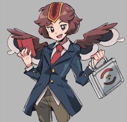 Rule 34 | 1other, androgynous, blue jacket, book, briefcase, brown hair, brown pants, collared shirt, commentary, cowboy shot, english commentary, headpiece, highres, holding, holding book, holding briefcase, jacket, jeto (jetopyon), kokutenshi hibaru, len&#039;en, long sleeves, looking at viewer, necktie, open mouth, other focus, pants, pocketbook, red eyes, red headwear, red necktie, shirt, short hair, smile, solo, teeth, upper teeth only, white shirt, wings