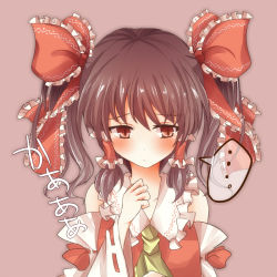 Rule 34 | ..., 1girl, alternate hairstyle, arm up, ascot, bad id, bad pixiv id, blush, bow, brown hair, detached sleeves, dress, female focus, hair bow, hair tubes, hakurei reimu, japanese clothes, looking away, miko, necktie, pasutel, red dress, red eyes, shy, solo, touhou, twintails, upper body