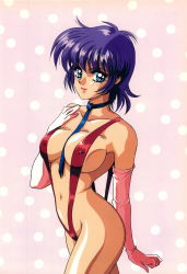 Rule 34 | 1990s (style), 1girl, absurdres, between breasts, bikini, blue eyes, breasts, character request, copyright request, elbow gloves, female focus, gloves, highres, large breasts, looking at viewer, mon mon, monmon, necktie, polka dot, polka dot background, purple hair, retro artstyle, short hair, sideboob, simple background, slingshot swimsuit, solo, standing, swimsuit