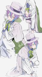 Rule 34 | 1boy, aqua hair, asymmetrical bangs, commentary request, cowboy shot, earrings, gloves, green ribbon, hair between eyes, handstand, hat, high collar, highres, index finger raised, iwatnc, jacket, jewelry, kamishiro rui, long sleeves, looking at viewer, male focus, multicolored hair, neck ribbon, one arm handstand, one eye closed, pants, project sekai, purple hair, ribbon, short hair, squatting, streaked hair, teeth, top hat, two-tone hair, white background, white gloves, white jacket, white pants, yellow eyes