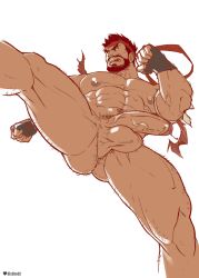 Rule 34 | 1boy, abs, anus, ass, auburn hair, bara, facial hair, highres, male focus, muscular, nude, pectorals, penis, red hair, ryu (street fighter), solo, street fighter, tagme, testicles, uncensored