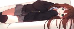 Rule 34 | 10s, 1girl, blazer, blush, brown hair, caidychen, collarbone, couch, green eyes, idolmaster, idolmaster cinderella girls, jacket, long hair, lying, md5 mismatch, necktie, on side, pleated skirt, resized, school uniform, shibuya rin, simple background, sketch, skirt, solo, thighhighs, white background, white upholstery