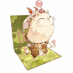 Rule 34 | 1girl, bat wings, bench, blonde hair, closed eyes, creature, final fantasy, final fantasy xiv, flower, from above, grass, green eyes, holding, holding instrument, horns, instrument, kan-e-senna, leaf, lyre, moogle, mugi kosuta, outdoors, padjal, pink flower, pink rose, robe, rose, short hair, sitting, smile, tree, trumpet, whiskers, white robe, wings