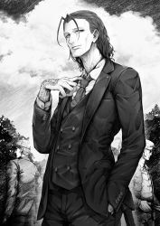 Rule 34 | 3boys, antenna hair, buttoned cuffs, buttons, cloud, cowboy shot, formal, greyscale, gun, hand in pocket, highres, holding, holding gun, holding weapon, looking at viewer, migiwa youichirou, monochrome, multiple boys, necktie, novel illustration, official art, outdoors, shirakaba, smile, suit, sunglasses, tattoo, tree, urasekai picnic, weapon