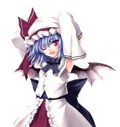 Rule 34 | 1girl, ;d, alternate costume, bat wings, black bow, blue hair, bow, buttons, collared shirt, detached sleeves, fang, female focus, frilled skirt, frills, hat, hat ribbon, highres, mob cap, one eye closed, open mouth, red eyes, red ribbon, remilia scarlet, ribbon, sash, shirt, shirt bow, simple background, skirt, sleeveless, sleeveless shirt, smile, solo, tateha (marvelous grace), touhou, white background, white hat, white shirt, white sleeves, wings, wink